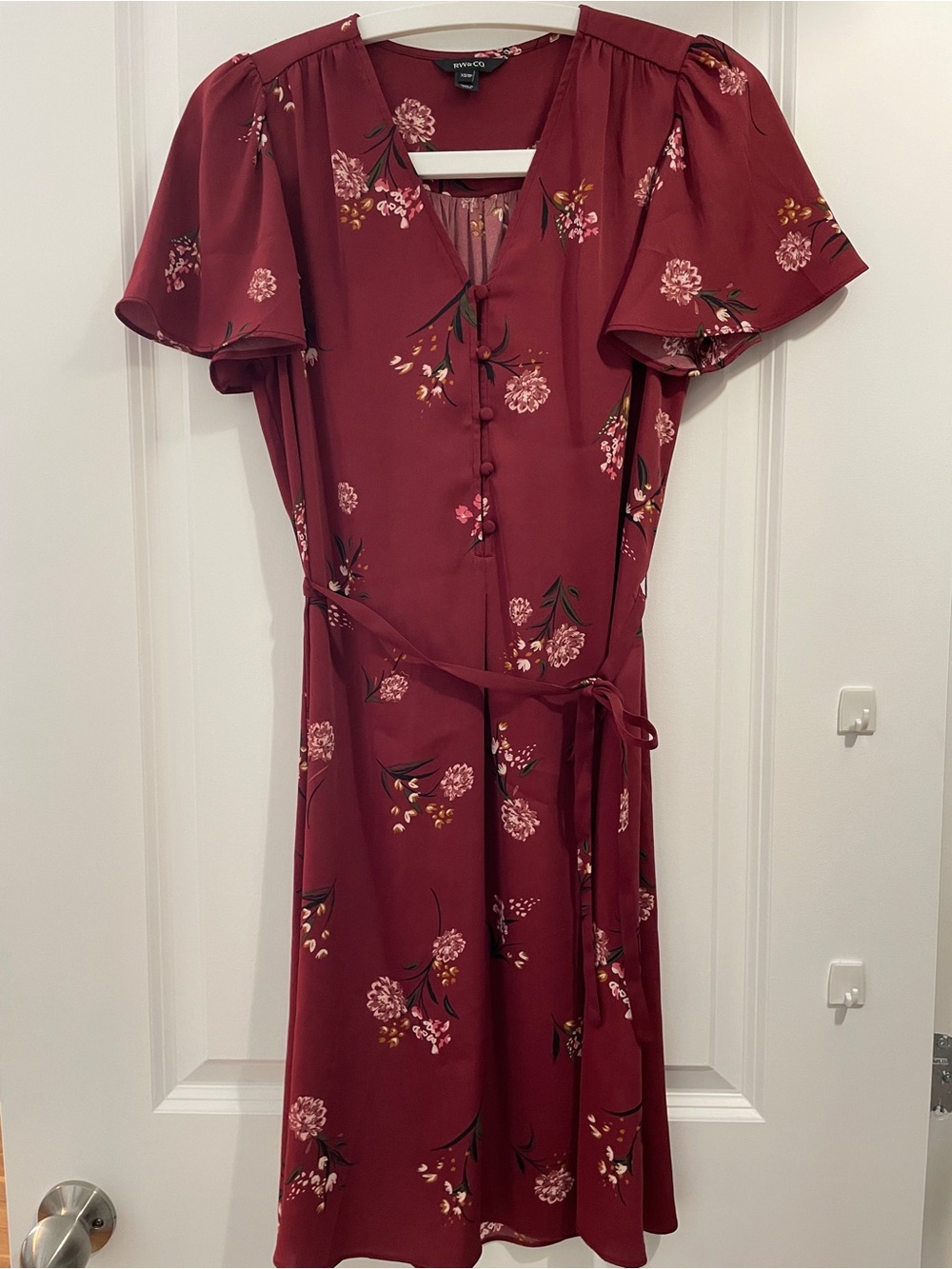 RW&CO. Burgundy Floral Midi Dress with Tie Waist